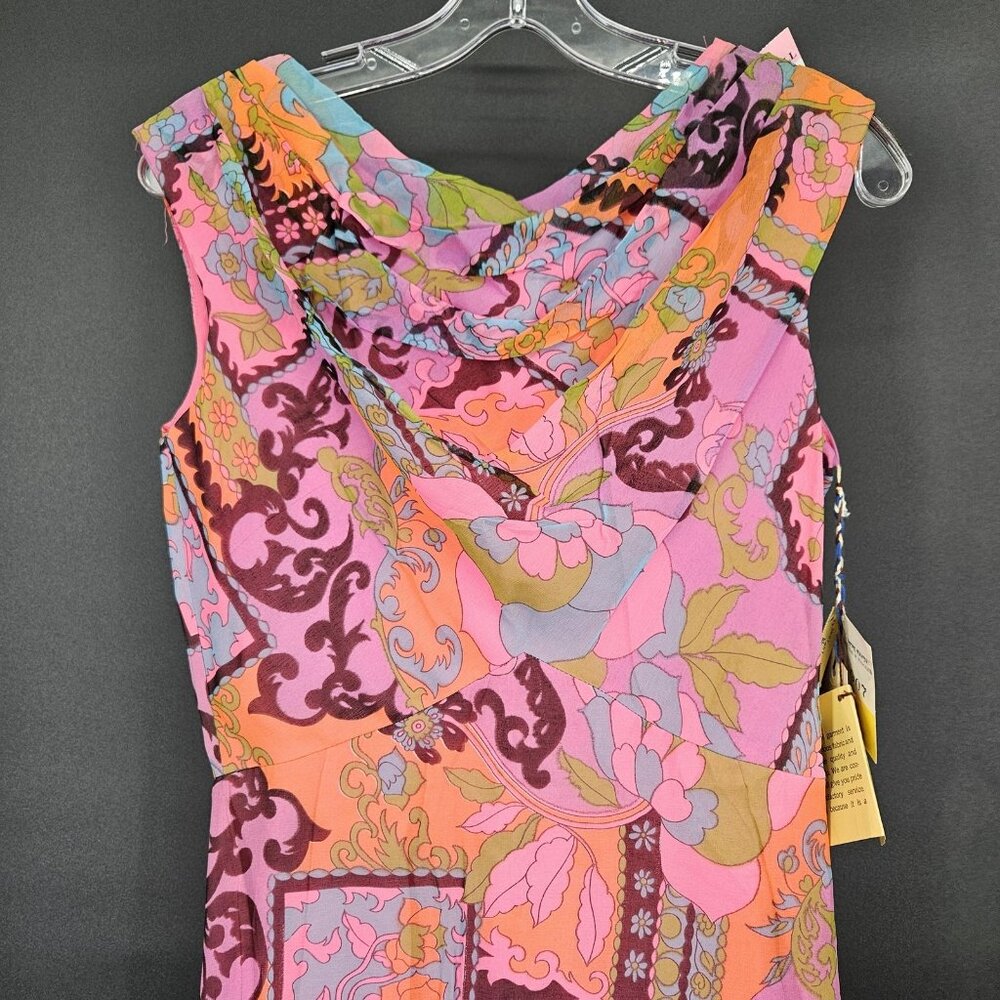 Vintage Elinor Gay Dress Womens 10 Pink Multi Cowl Neck Maxi Rayon 70s NEW Old - Picture 4 of 16